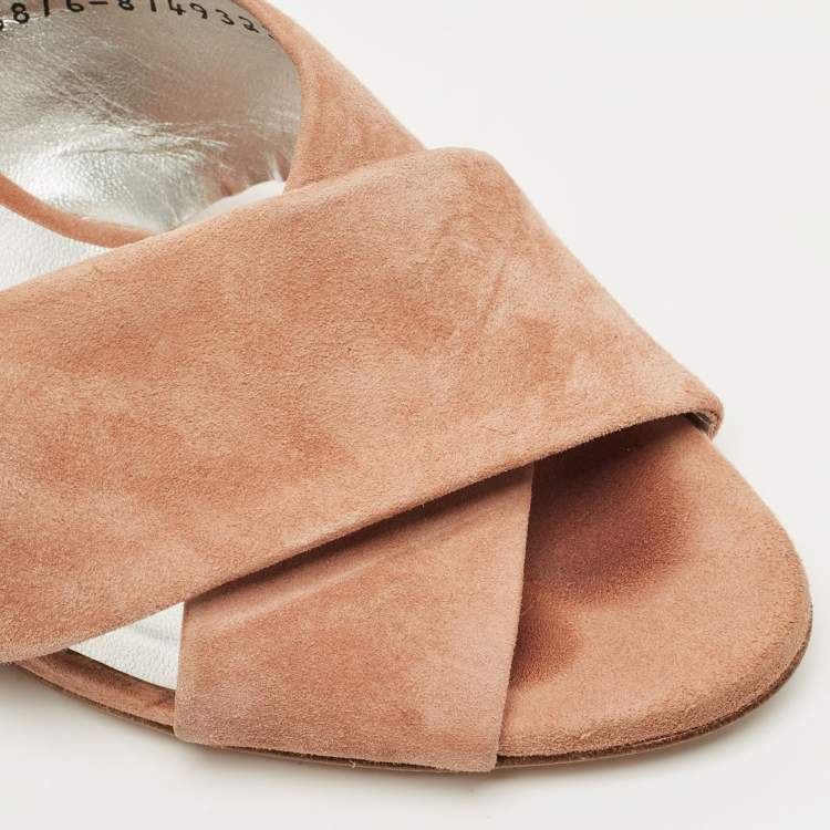 Pre Owned Gina Beige Suede Cross Strap Crystal Embellished Block Heel Slide Sandals Size 39.5