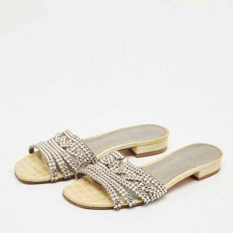 Pre Owned Gina Silver Leather Crystal Embellished Flat Slide Size 40