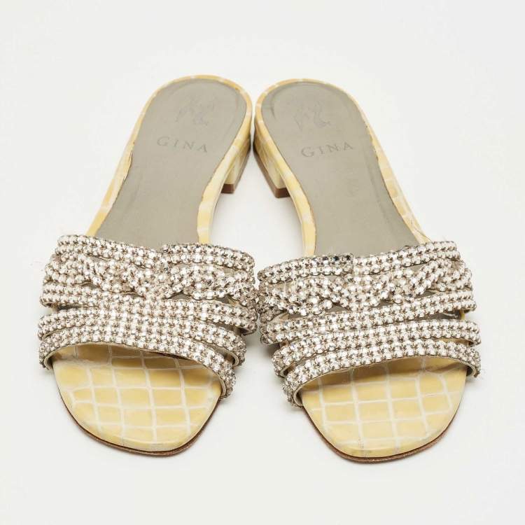 Pre Owned Gina Silver Leather Crystal Embellished Flat Slide Size 40