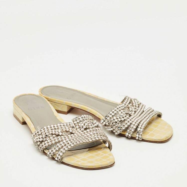 Pre Owned Gina Silver Leather Crystal Embellished Flat Slide Size 40