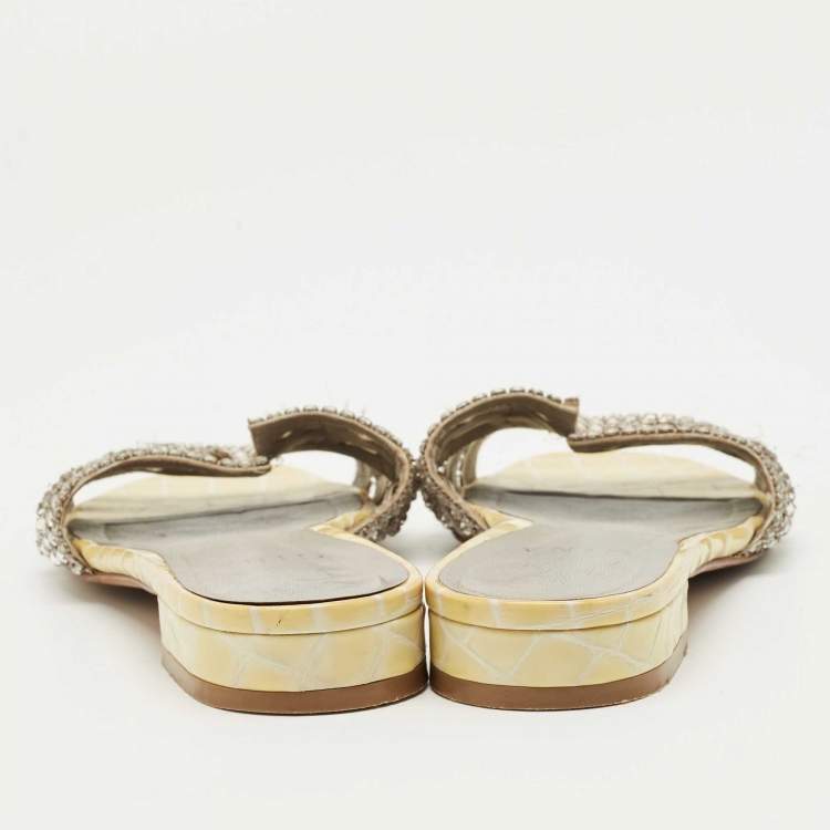 Pre Owned Gina Silver Leather Crystal Embellished Flat Slide Size 40