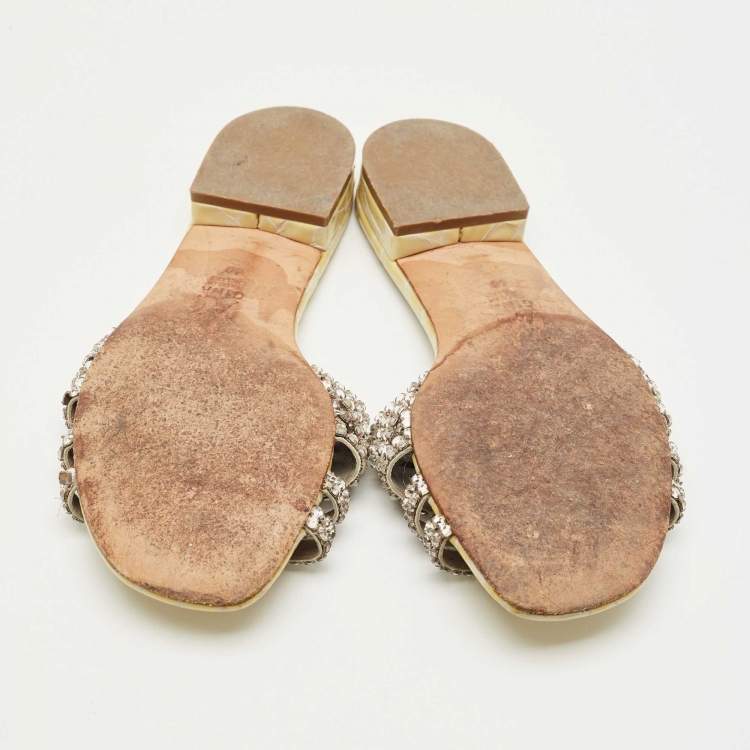 Pre Owned Gina Silver Leather Crystal Embellished Flat Slide Size 40