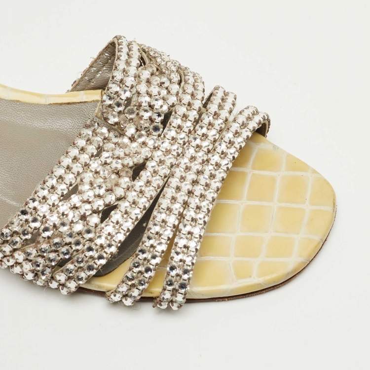 Pre Owned Gina Silver Leather Crystal Embellished Flat Slide Size 40