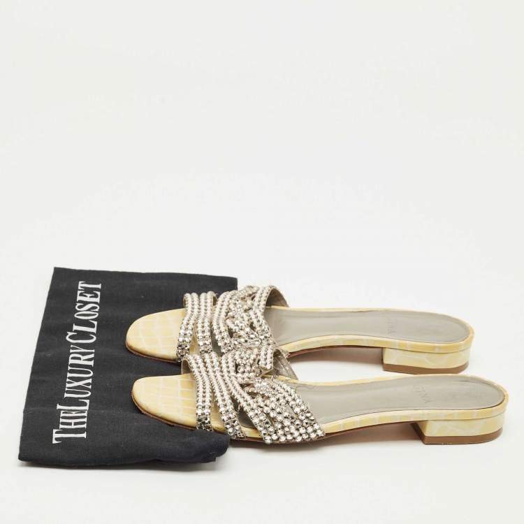 Pre Owned Gina Silver Leather Crystal Embellished Flat Slide Size 40