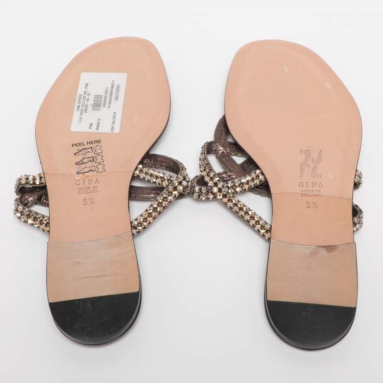 Pre Owned Gina Burgundy Crystal Embellished Leather Thong Flat Slides Size 38.5