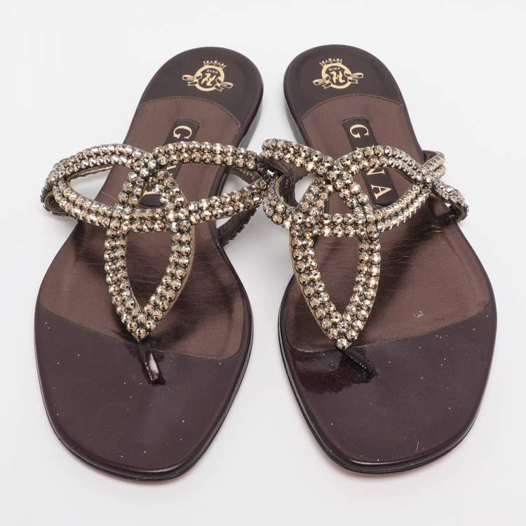 Pre Owned Gina Burgundy Crystal Embellished Leather Thong Flat Slides Size 38.5