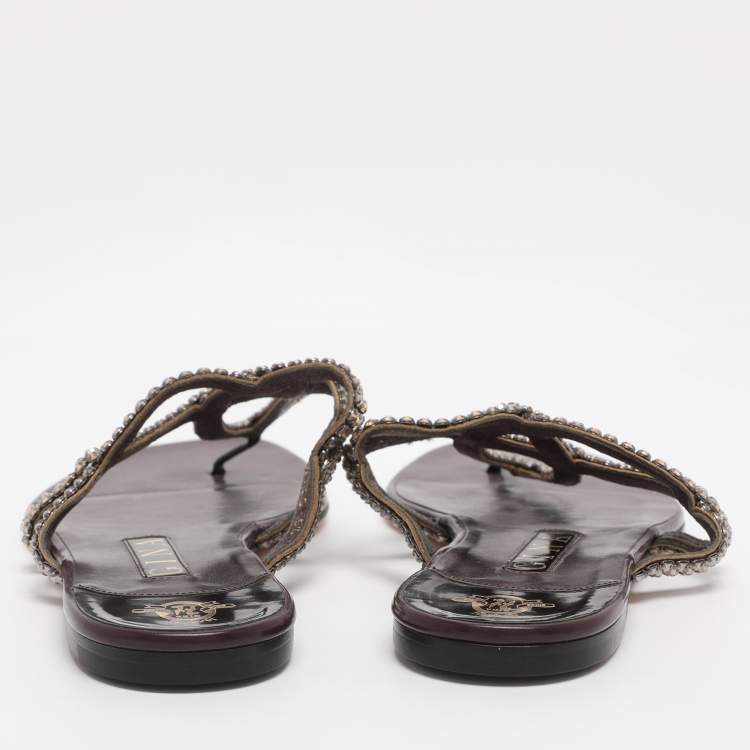 Pre Owned Gina Burgundy Crystal Embellished Leather Thong Flat Slides Size 38.5