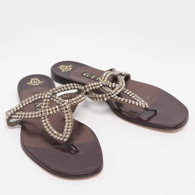 Pre Owned Gina Burgundy Crystal Embellished Leather Thong Flat Slides Size 38.5