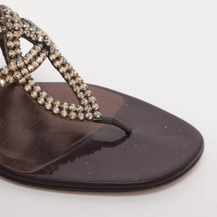 Pre Owned Gina Burgundy Crystal Embellished Leather Thong Flat Slides Size 38.5