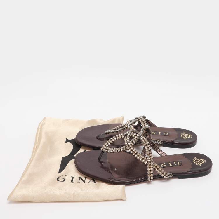 Pre Owned Gina Burgundy Crystal Embellished Leather Thong Flat Slides Size 38.5