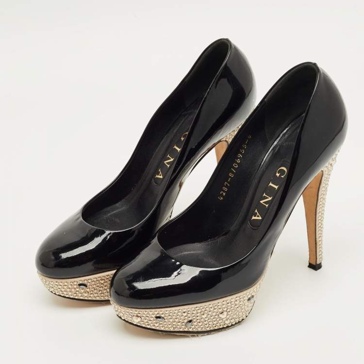 Pre Owned Gina Black Patent Leather  Crystal Embellished Platform Pumps Size 37