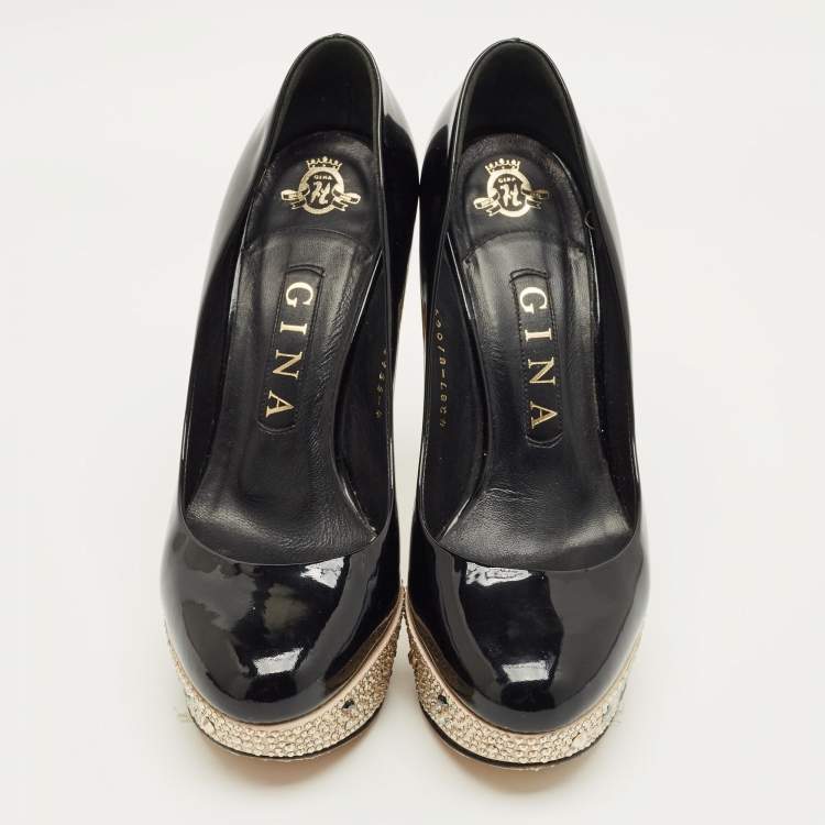 Pre Owned Gina Black Patent Leather  Crystal Embellished Platform Pumps Size 37