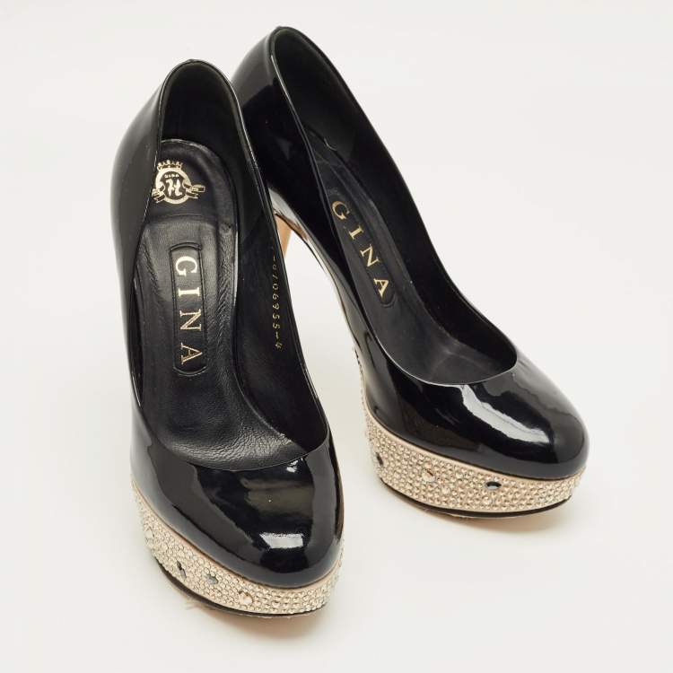 Pre Owned Gina Black Patent Leather  Crystal Embellished Platform Pumps Size 37