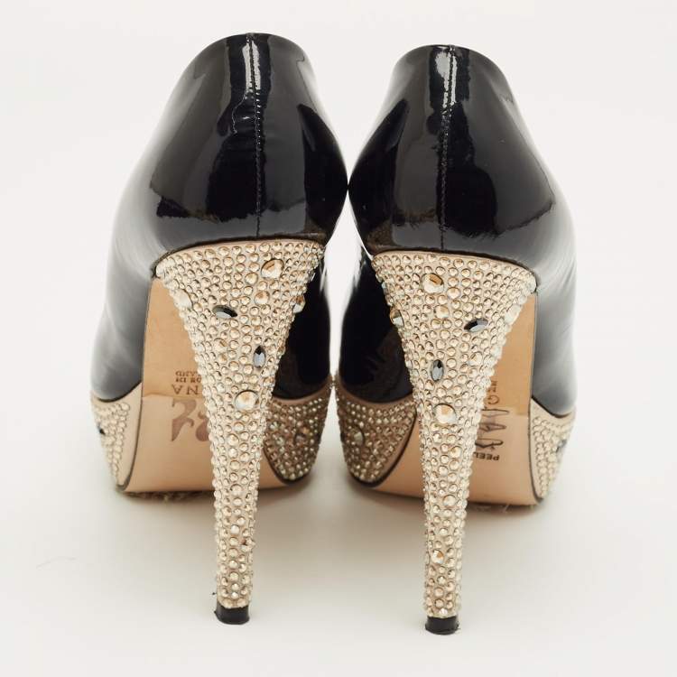 Pre Owned Gina Black Patent Leather  Crystal Embellished Platform Pumps Size 37