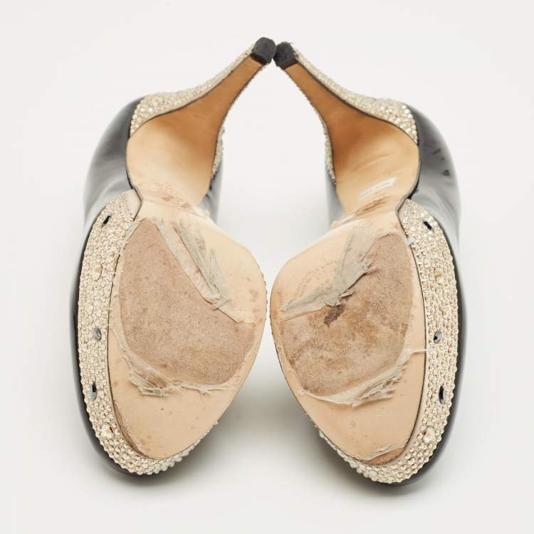 Pre Owned Gina Black Patent Leather  Crystal Embellished Platform Pumps Size 37