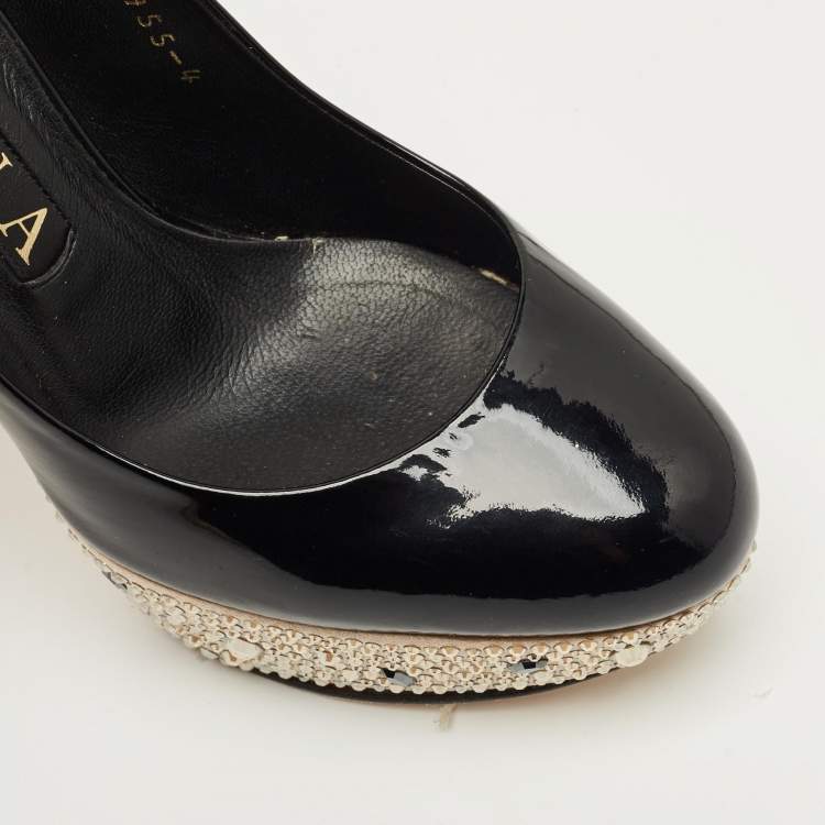 Pre Owned Gina Black Patent Leather  Crystal Embellished Platform Pumps Size 37