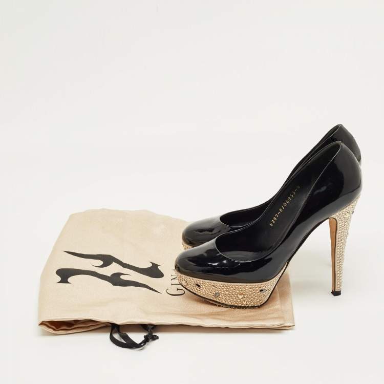 Pre Owned Gina Black Patent Leather  Crystal Embellished Platform Pumps Size 37