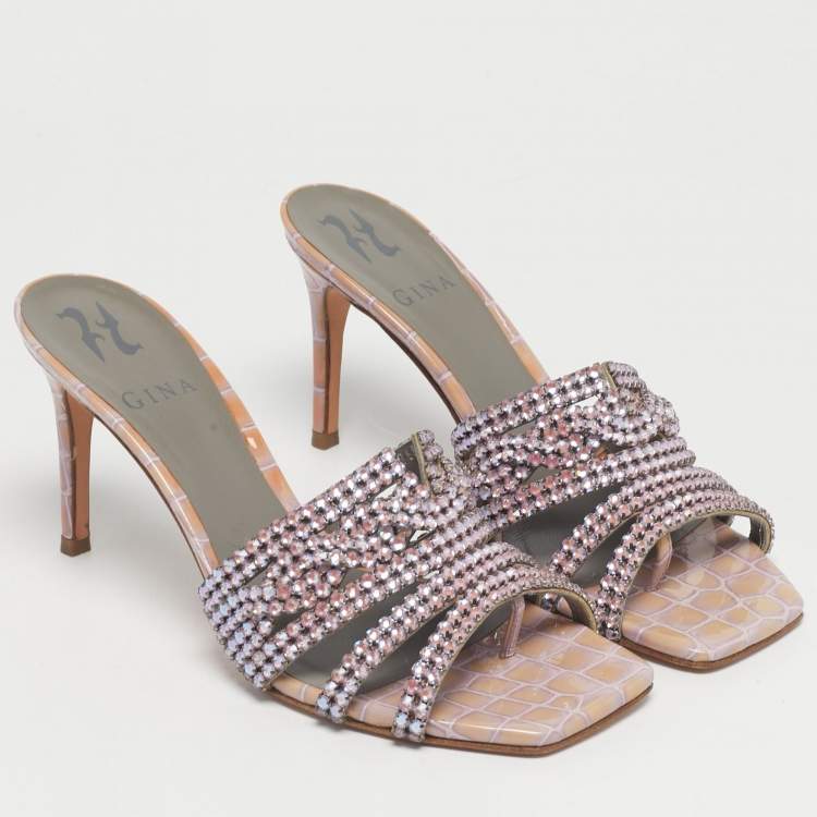 Pre Owned Gina Purple Croc Embossed Leather Slide Crystal Embellished Slide Sandals Size 37.5