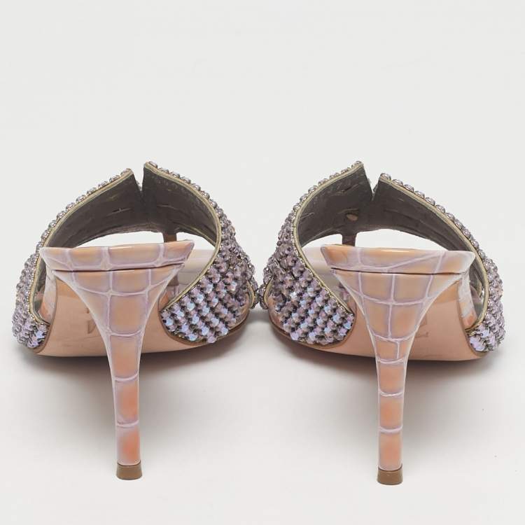 Pre Owned Gina Purple Croc Embossed Leather Slide Crystal Embellished Slide Sandals Size 37.5
