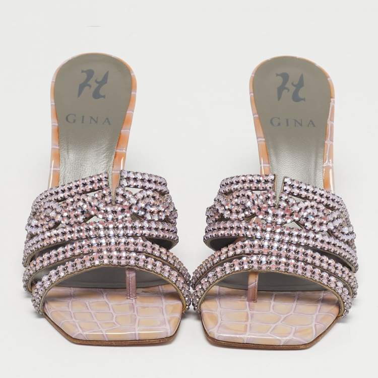 Pre Owned Gina Purple Croc Embossed Leather Slide Crystal Embellished Slide Sandals Size 37.5