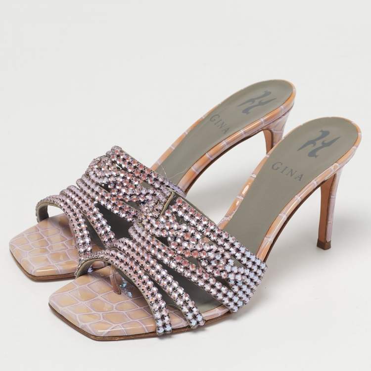 Pre Owned Gina Purple Croc Embossed Leather Slide Crystal Embellished Slide Sandals Size 37.5