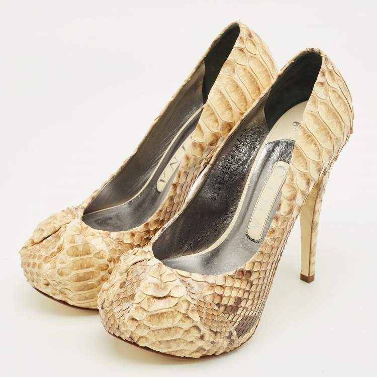 Pre Owned Gina Beige/Brown Python Leather Hoodie Platform Pumps Size 37