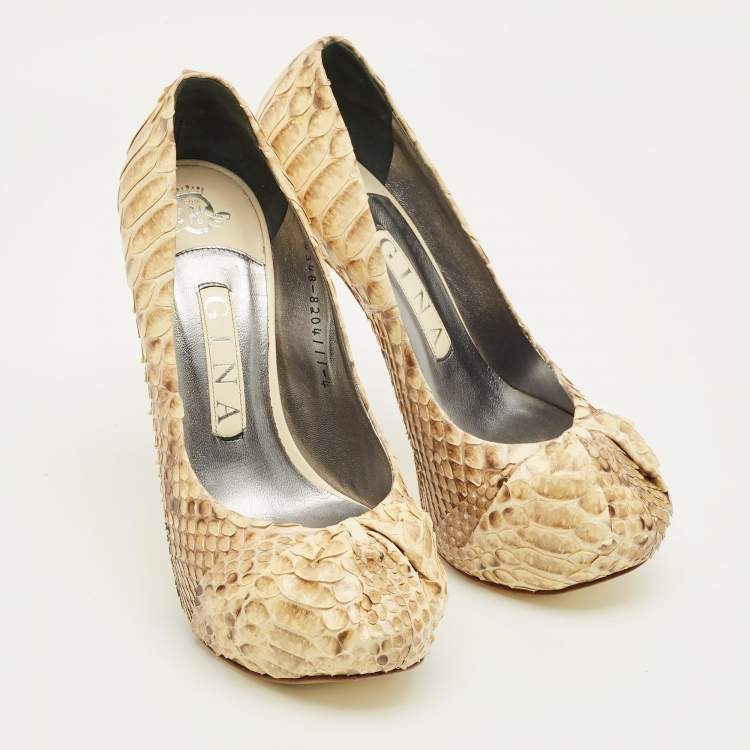 Pre Owned Gina Beige/Brown Python Leather Hoodie Platform Pumps Size 37