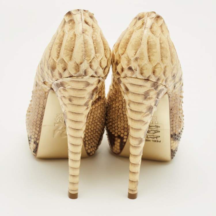 Pre Owned Gina Beige/Brown Python Leather Hoodie Platform Pumps Size 37