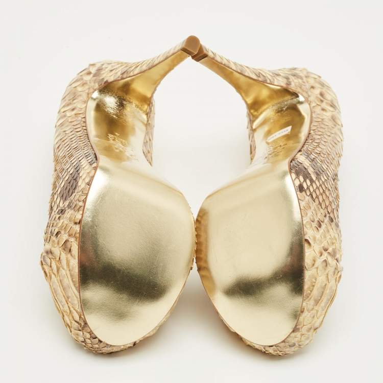 Pre Owned Gina Beige/Brown Python Leather Hoodie Platform Pumps Size 37