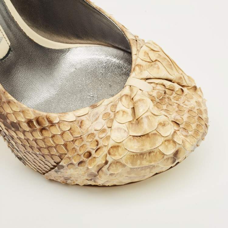 Pre Owned Gina Beige/Brown Python Leather Hoodie Platform Pumps Size 37