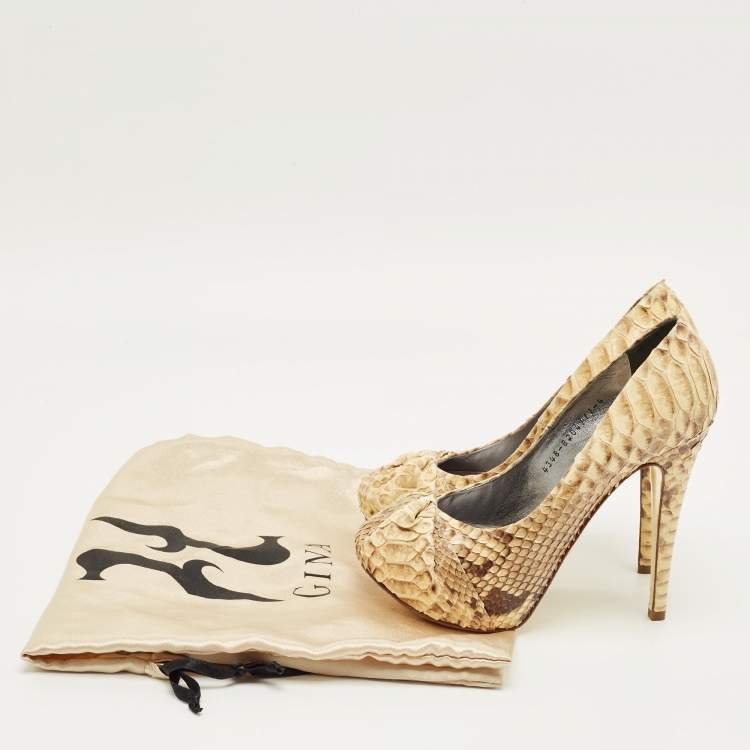 Pre Owned Gina Beige/Brown Python Leather Hoodie Platform Pumps Size 37