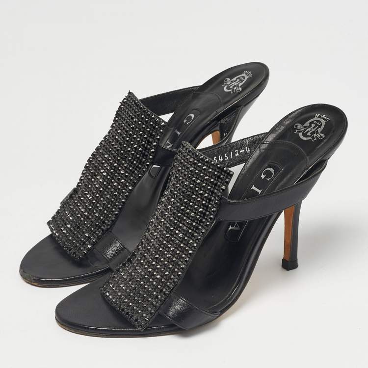 Pre Owned Gina Black Crystals and Leather Slide Sandals Size 37