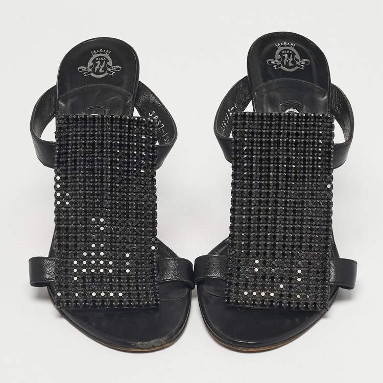 Pre Owned Gina Black Crystals and Leather Slide Sandals Size 37