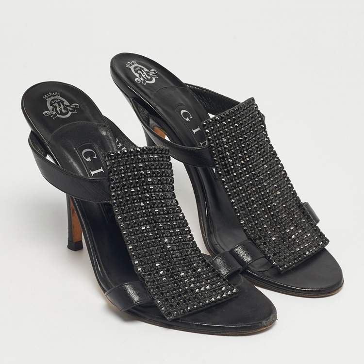 Pre Owned Gina Black Crystals and Leather Slide Sandals Size 37