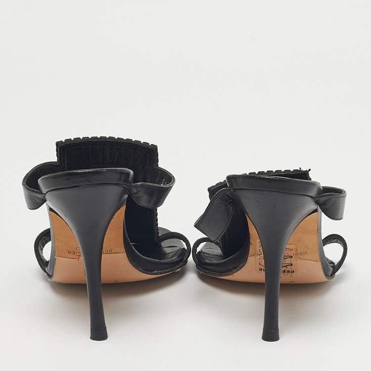 Pre Owned Gina Black Crystals and Leather Slide Sandals Size 37