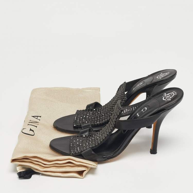 Pre Owned Gina Black Crystals and Leather Slide Sandals Size 37