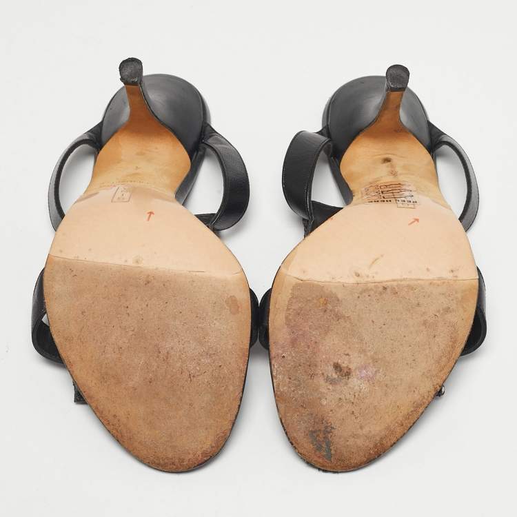 Pre Owned Gina Black Crystals and Leather Slide Sandals Size 37