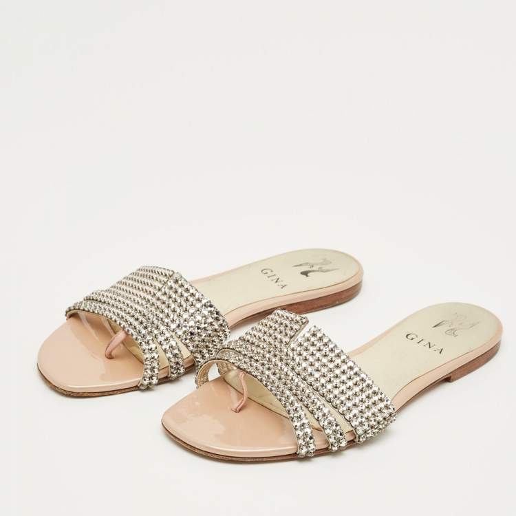 Pre Owned Gina Silver Leather Crystal Embellished Flat Slide Size 37