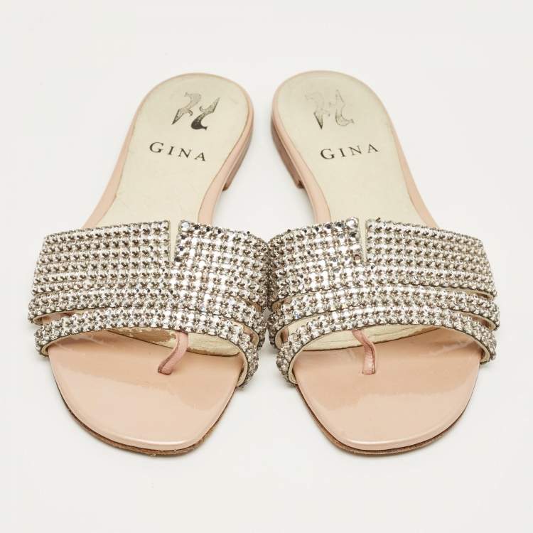 Pre Owned Gina Silver Leather Crystal Embellished Flat Slide Size 37