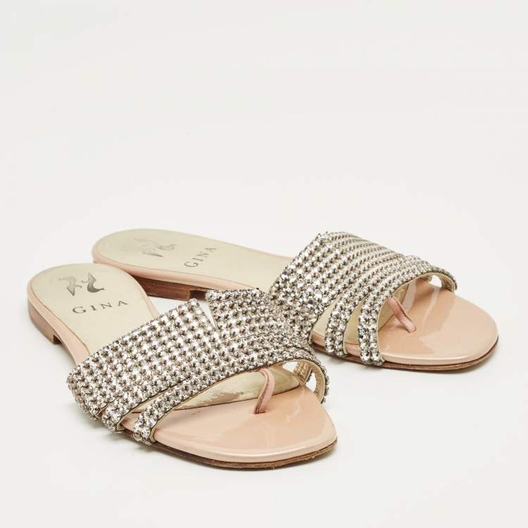 Pre Owned Gina Silver Leather Crystal Embellished Flat Slide Size 37