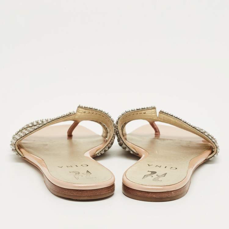 Pre Owned Gina Silver Leather Crystal Embellished Flat Slide Size 37