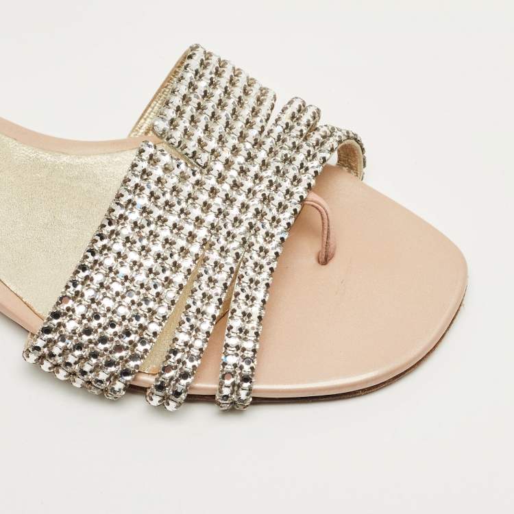 Pre Owned Gina Silver Leather Crystal Embellished Flat Slide Size 37