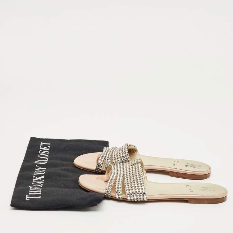 Pre Owned Gina Silver Leather Crystal Embellished Flat Slide Size 37