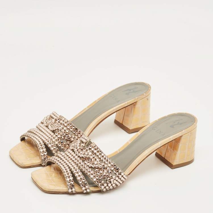 Pre Owned Gina Beige Croc Embosse and Leather Crystal Embellished Loren Slide Sandals Size 39