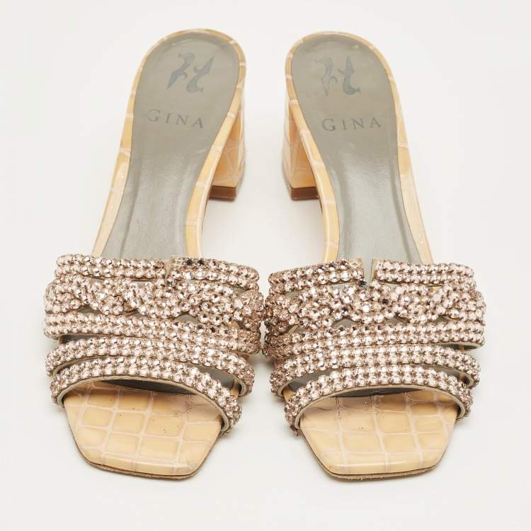 Pre Owned Gina Beige Croc Embosse and Leather Crystal Embellished Loren Slide Sandals Size 39