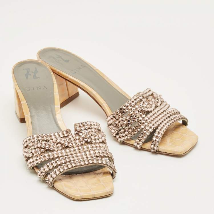 Pre Owned Gina Beige Croc Embosse and Leather Crystal Embellished Loren Slide Sandals Size 39
