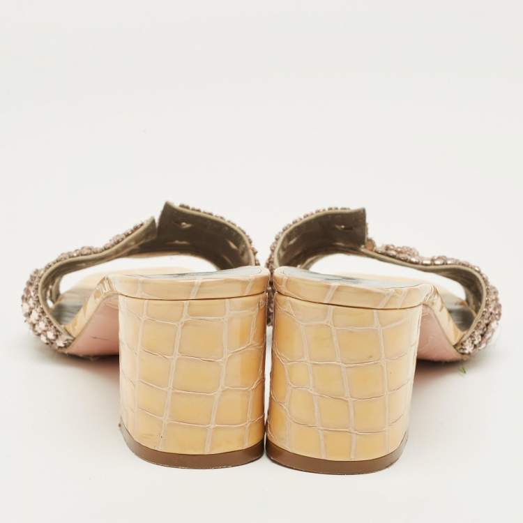 Pre Owned Gina Beige Croc Embosse and Leather Crystal Embellished Loren Slide Sandals Size 39