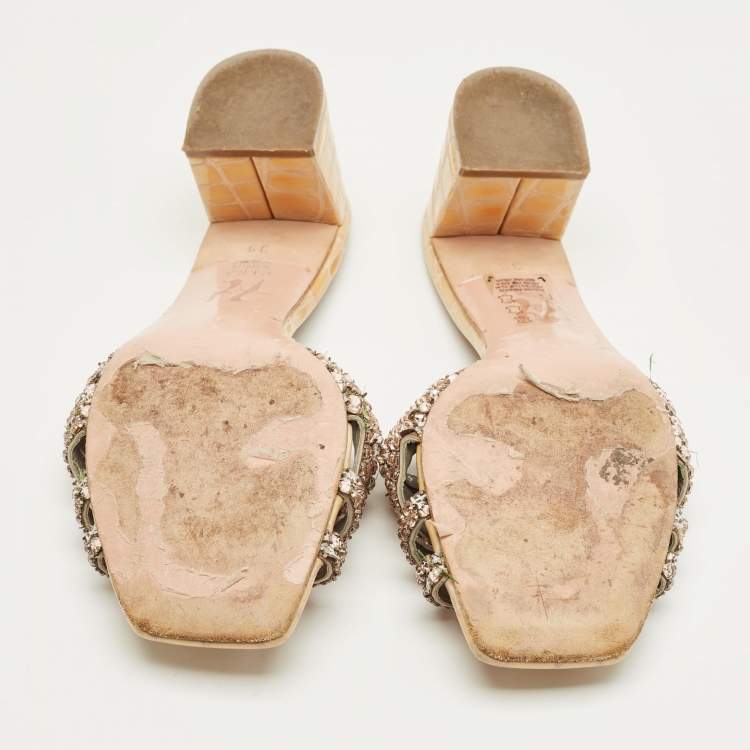 Pre Owned Gina Beige Croc Embosse and Leather Crystal Embellished Loren Slide Sandals Size 39