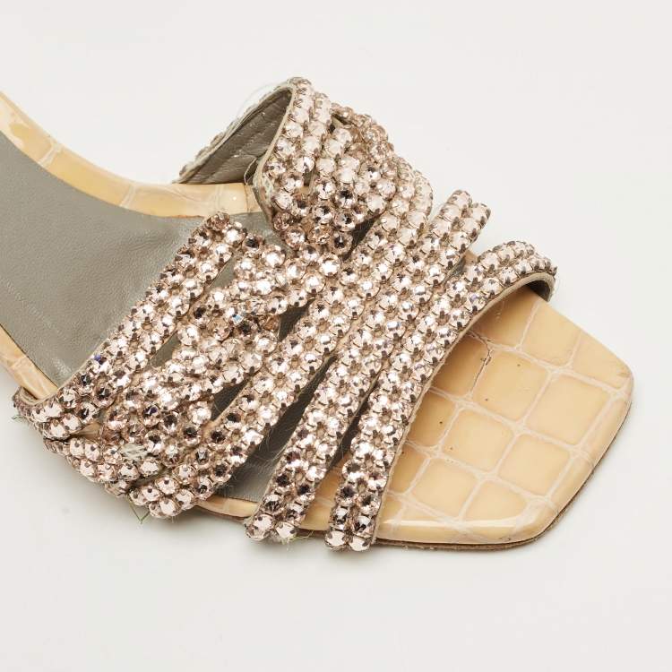 Pre Owned Gina Beige Croc Embosse and Leather Crystal Embellished Loren Slide Sandals Size 39