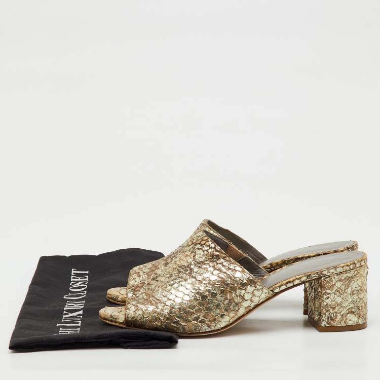 Pre Owned Gina Metallic Beige Snakeskin Leather Block Heel Slide Sandals Size 38